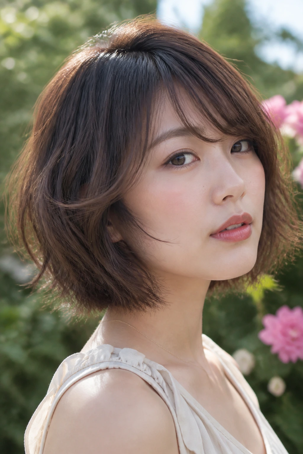Close-up of a real woman with floating layers bob in a garden setting