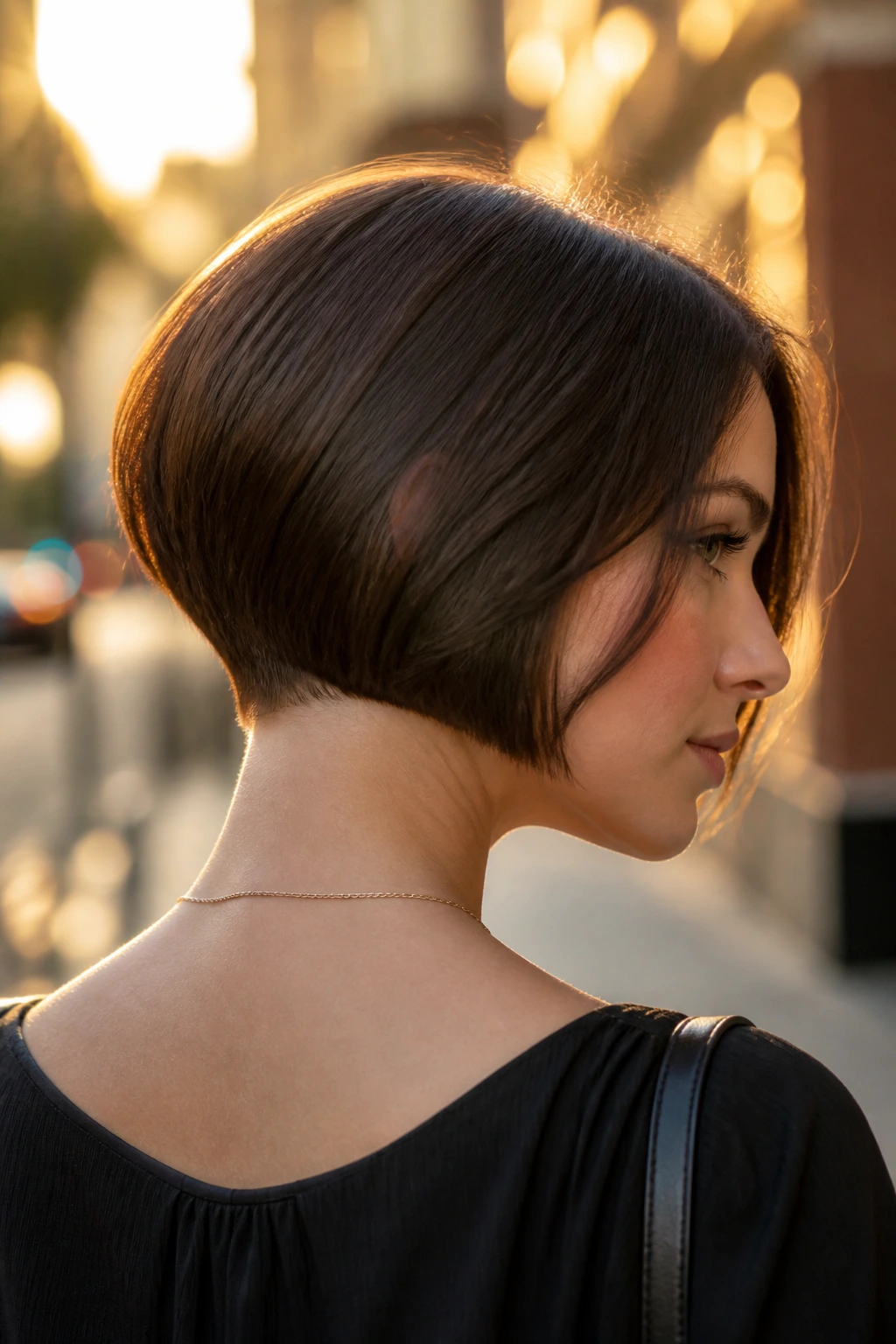 Three-quarter portrait of a real woman with a floating nape bob