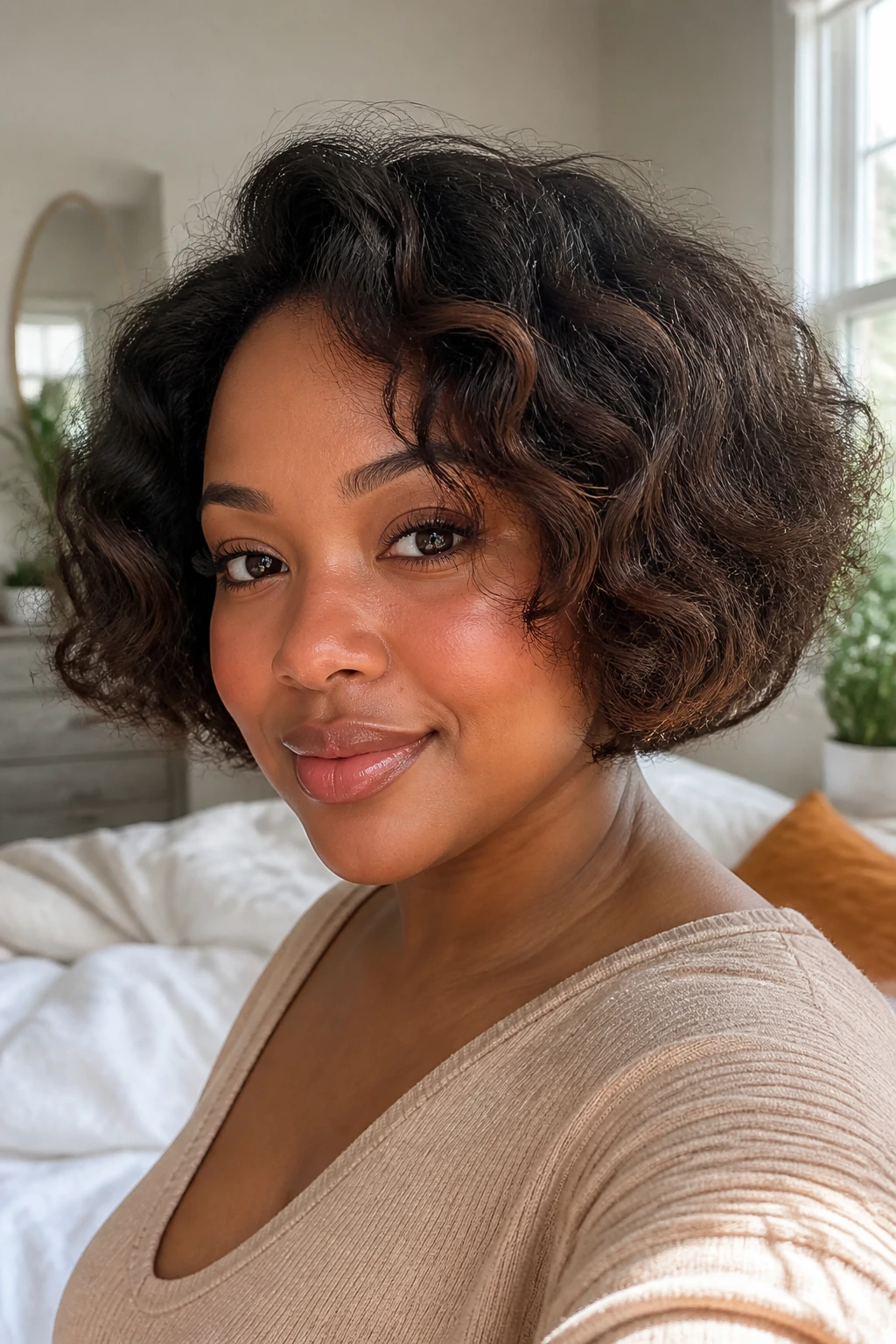 Close-up of a real woman with a floating soft bob and rounded silhouette