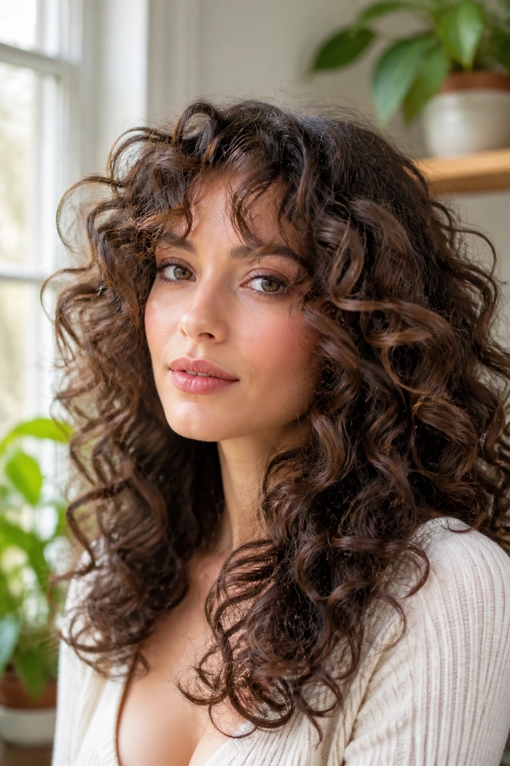 Portrait of a real person with high-volume curls and floaty fringe.