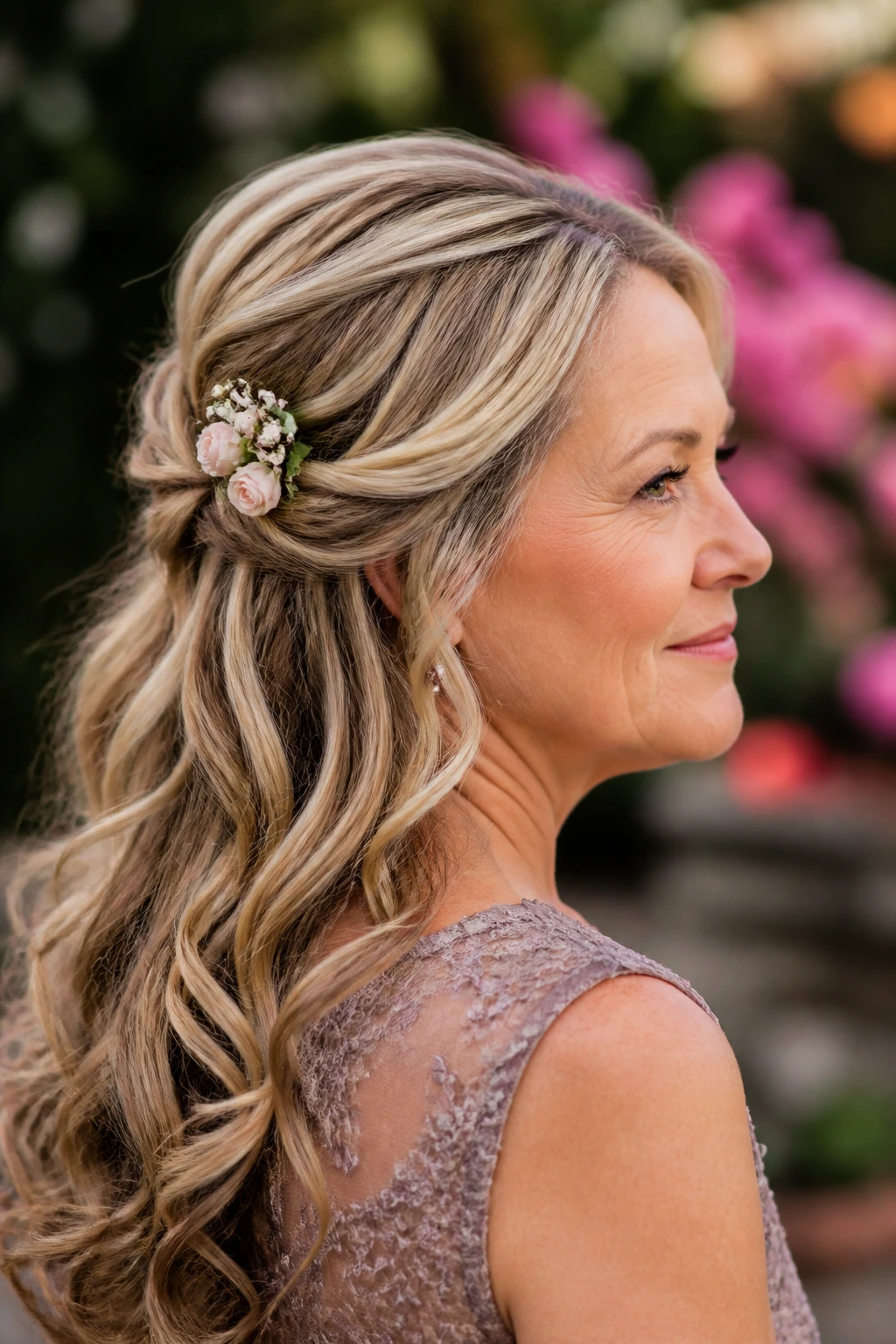 Close-up of a woman with a floral accent half-up hairstyle featuring small blossoms
