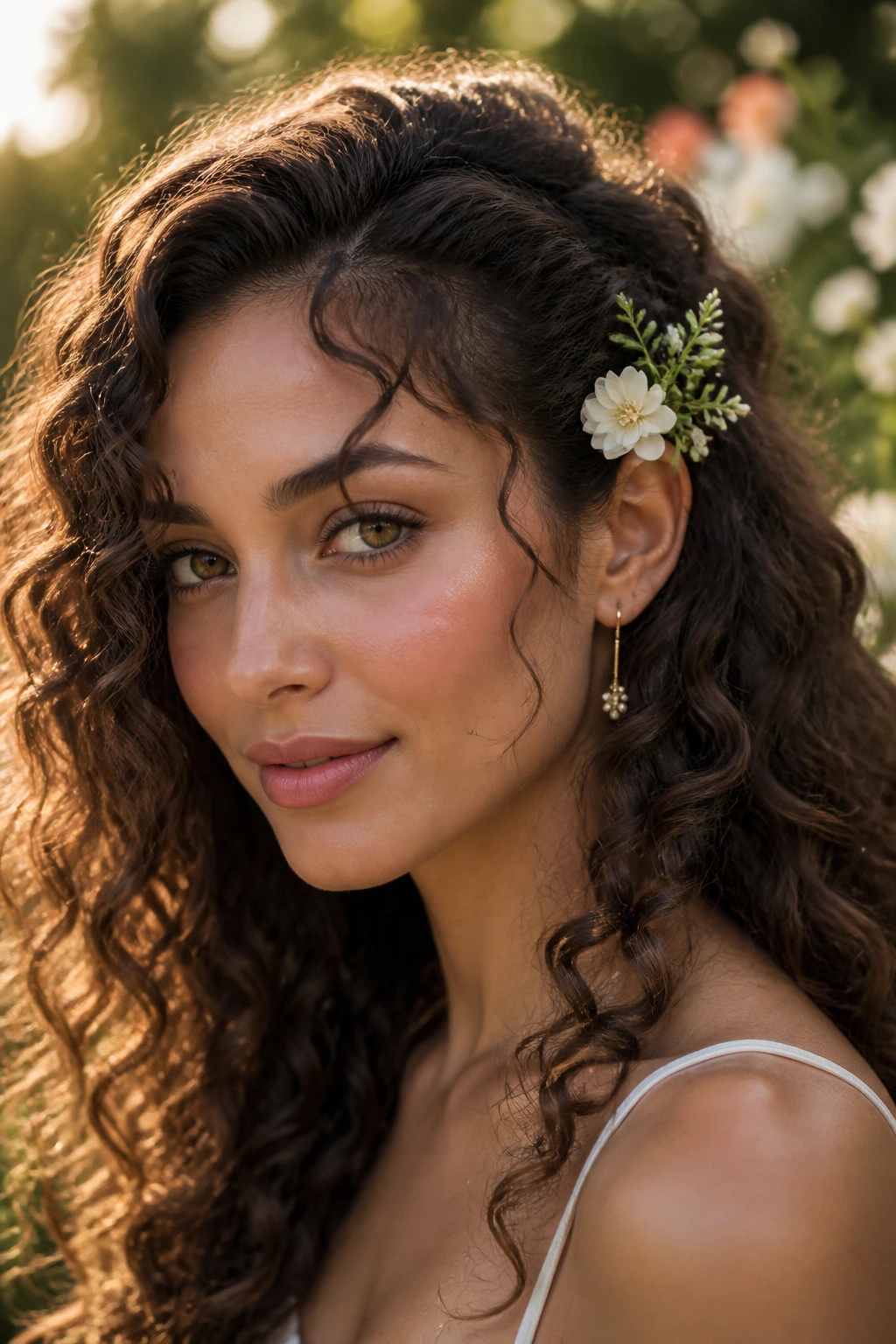 Close-up of a real woman with floral-accent-waves and a blossom tucked behind the ear in a garden setting.