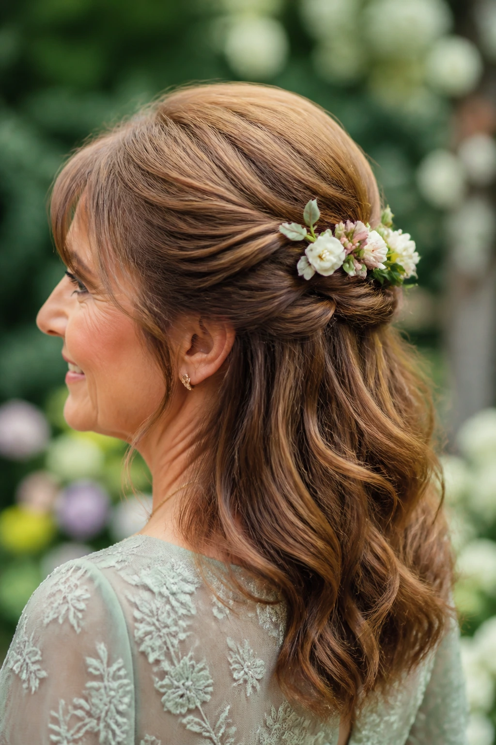 Close-up of a floral half-up hairstyle on a real woman in a garden ceremony setting