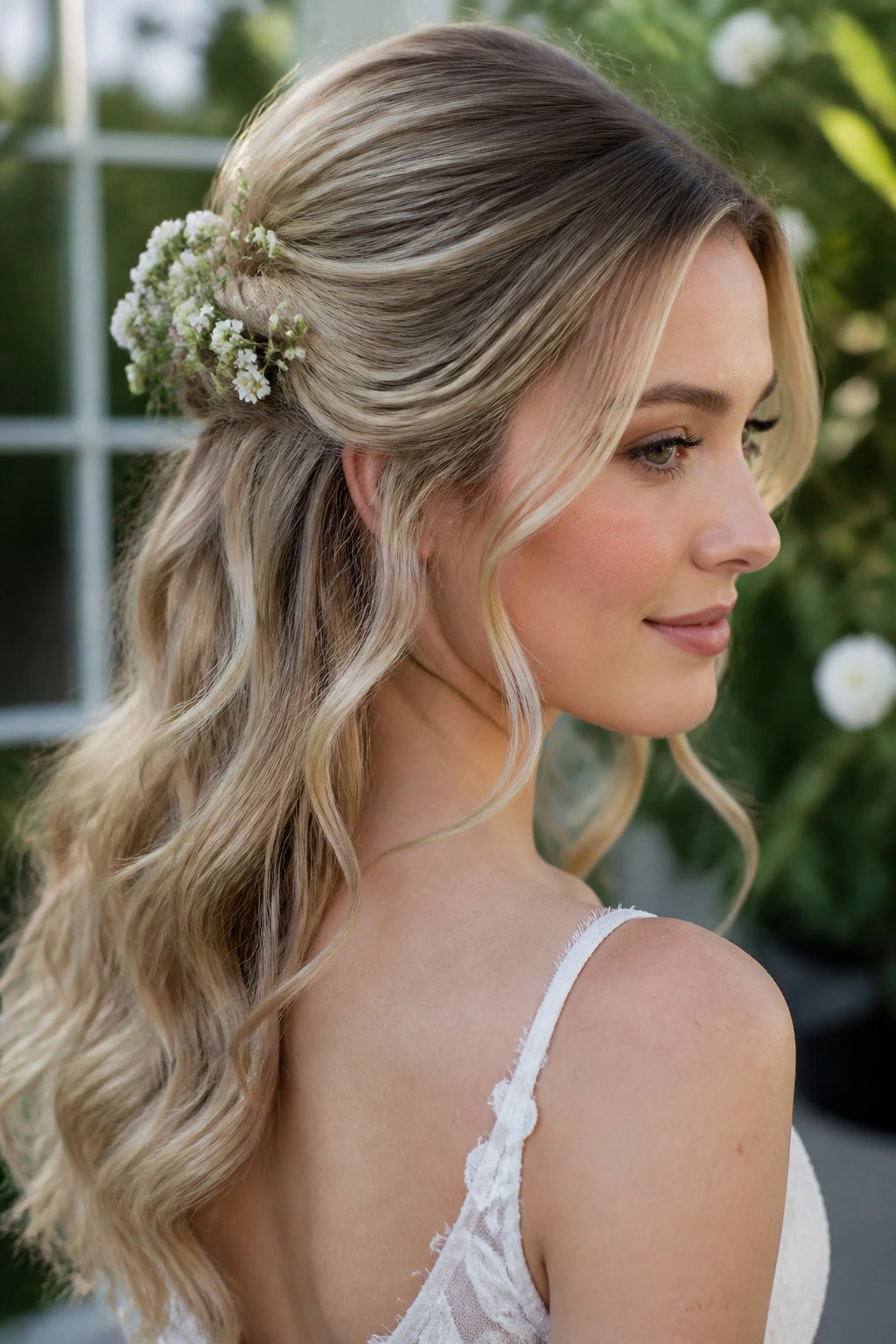 Close-up bride with floral sprigs in soft half-back hairstyle