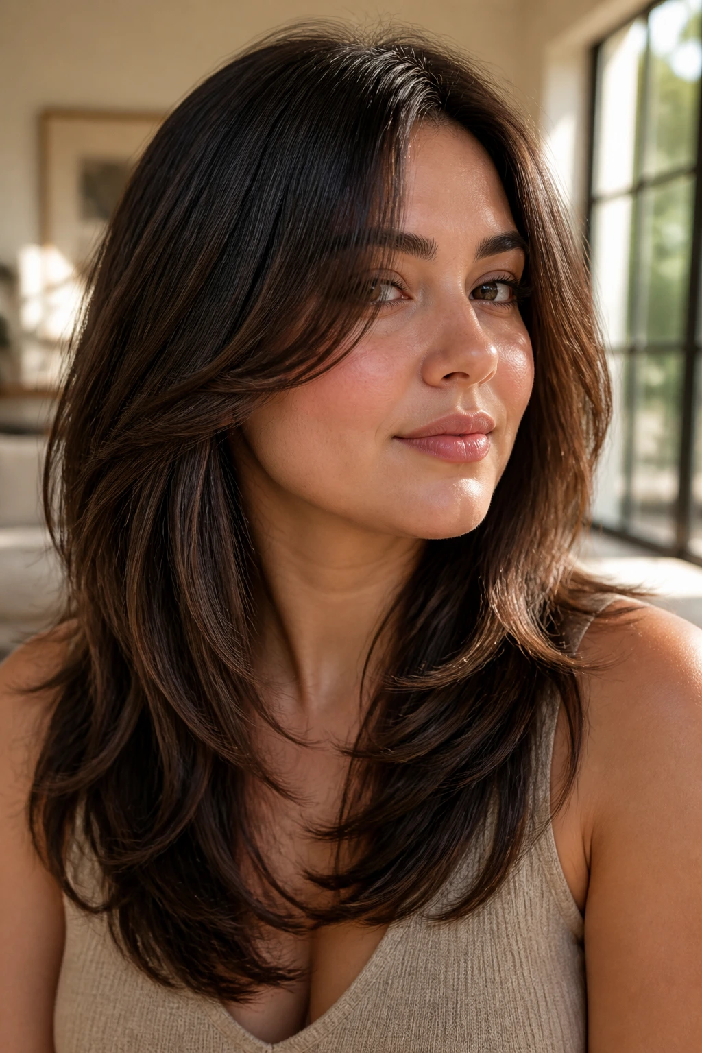 Close-up portrait of a real woman with face-framing layers and flowing hair around the cheeks in natural window light