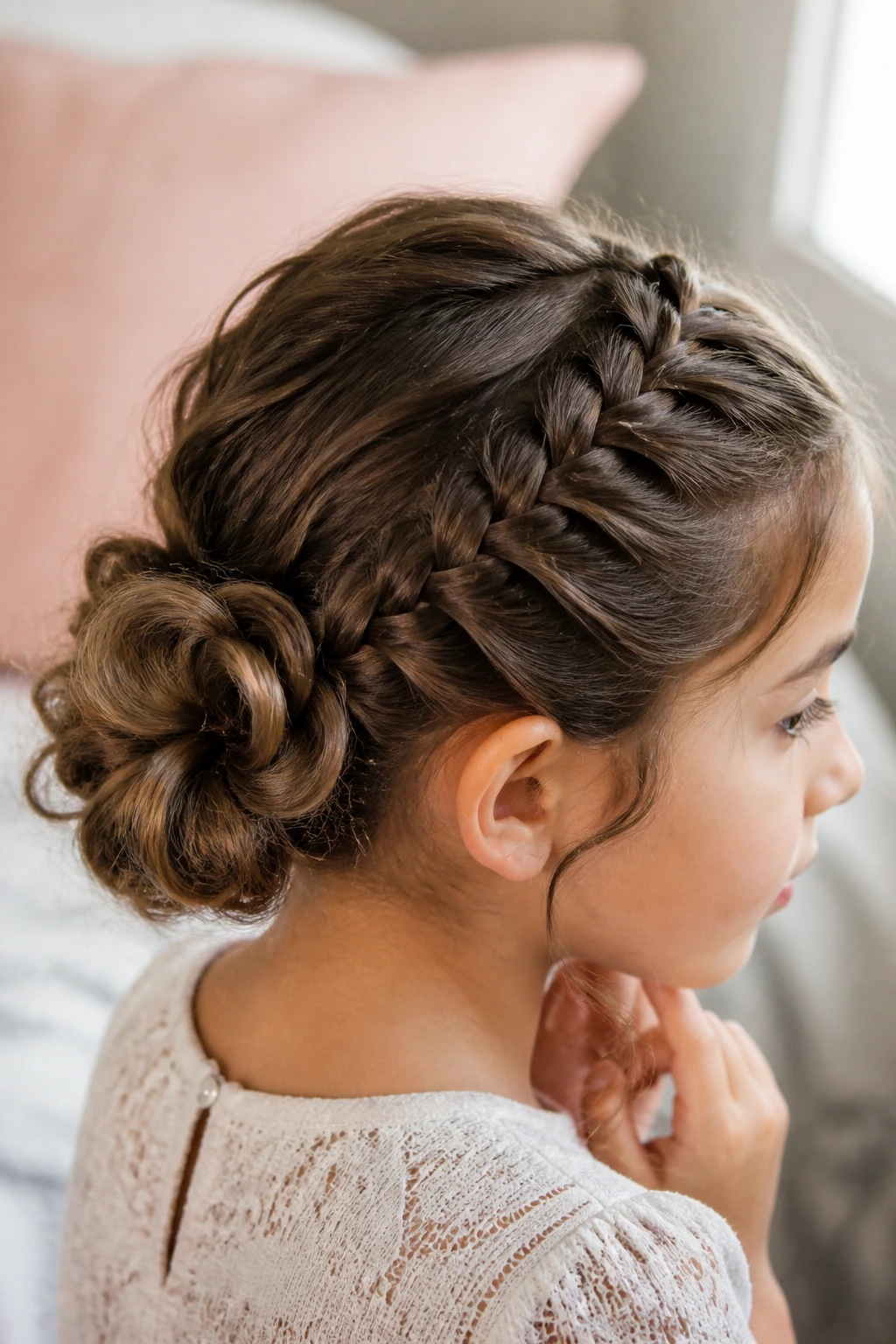 Real child with flower-bun French weave formed by looping braid