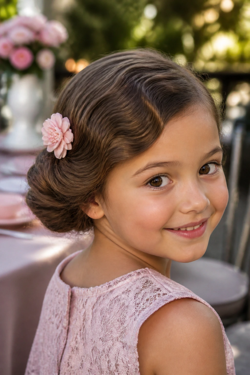 Close-up of a real girl with a side twist roll and flower clip