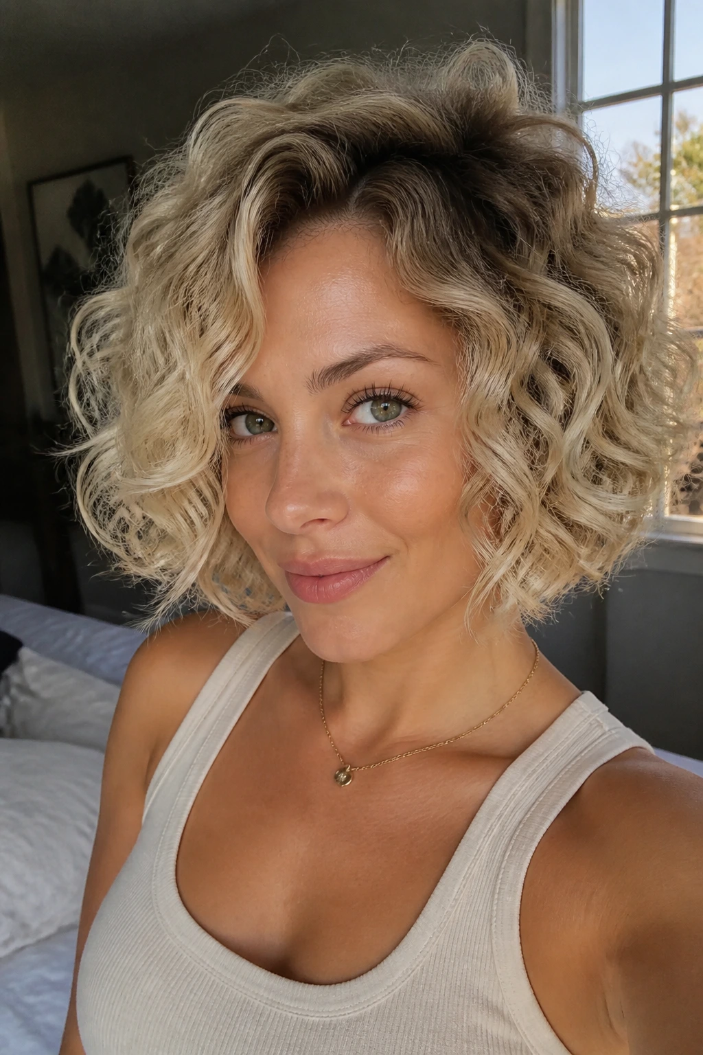 Close-up of a fluffed-out curly bob with pearl blonde ends on a real person