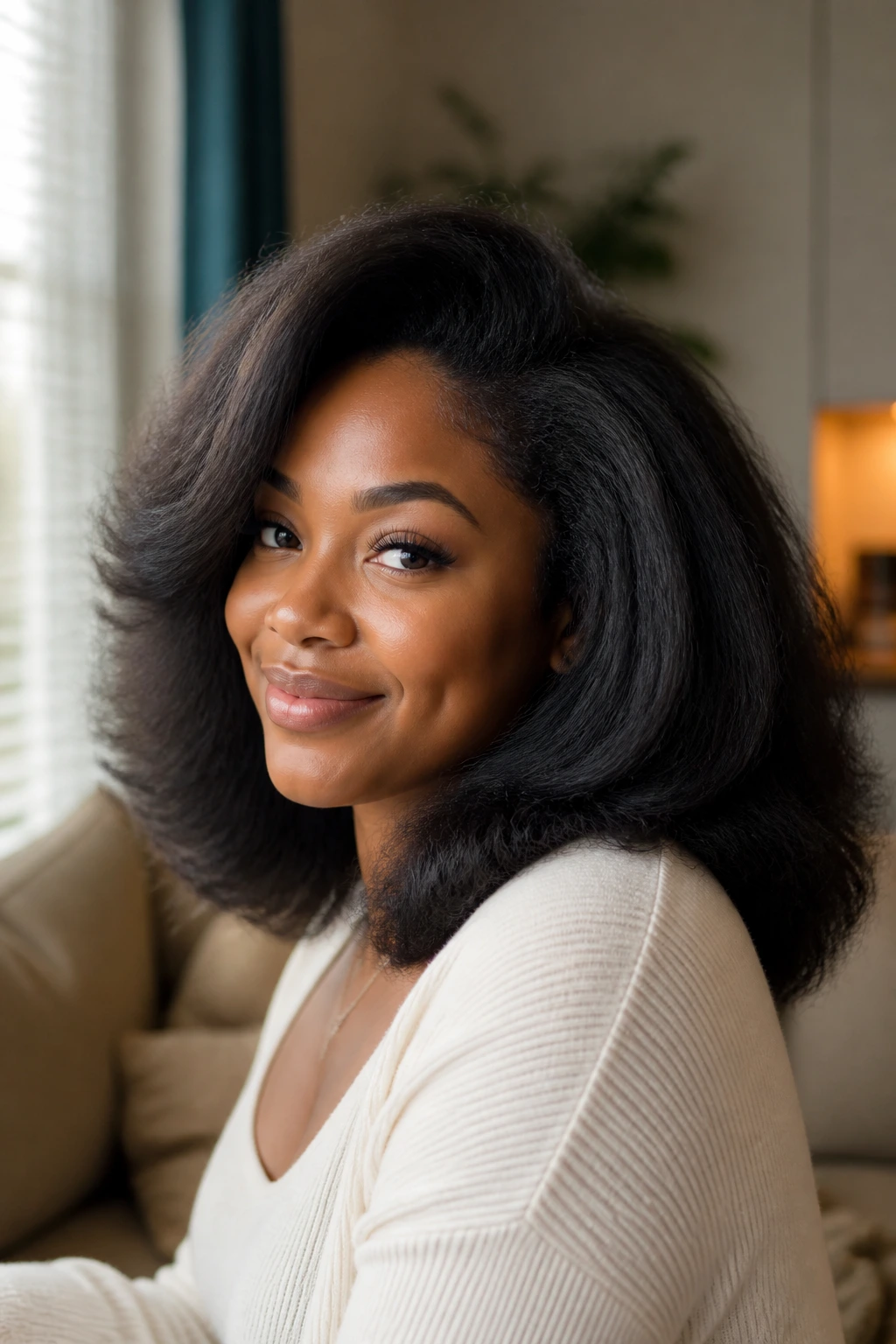 Real woman with fluffy blowout curly weave in living room light