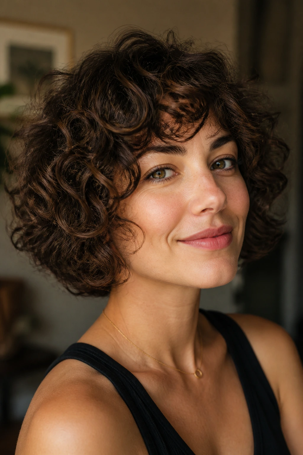 Portrait of a woman with fluffy curly bob and internal de-bulking, soft light.