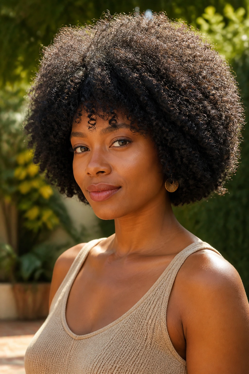 Close-up portrait of a real Black woman with a fluffy halo bob and rounded afro finish.