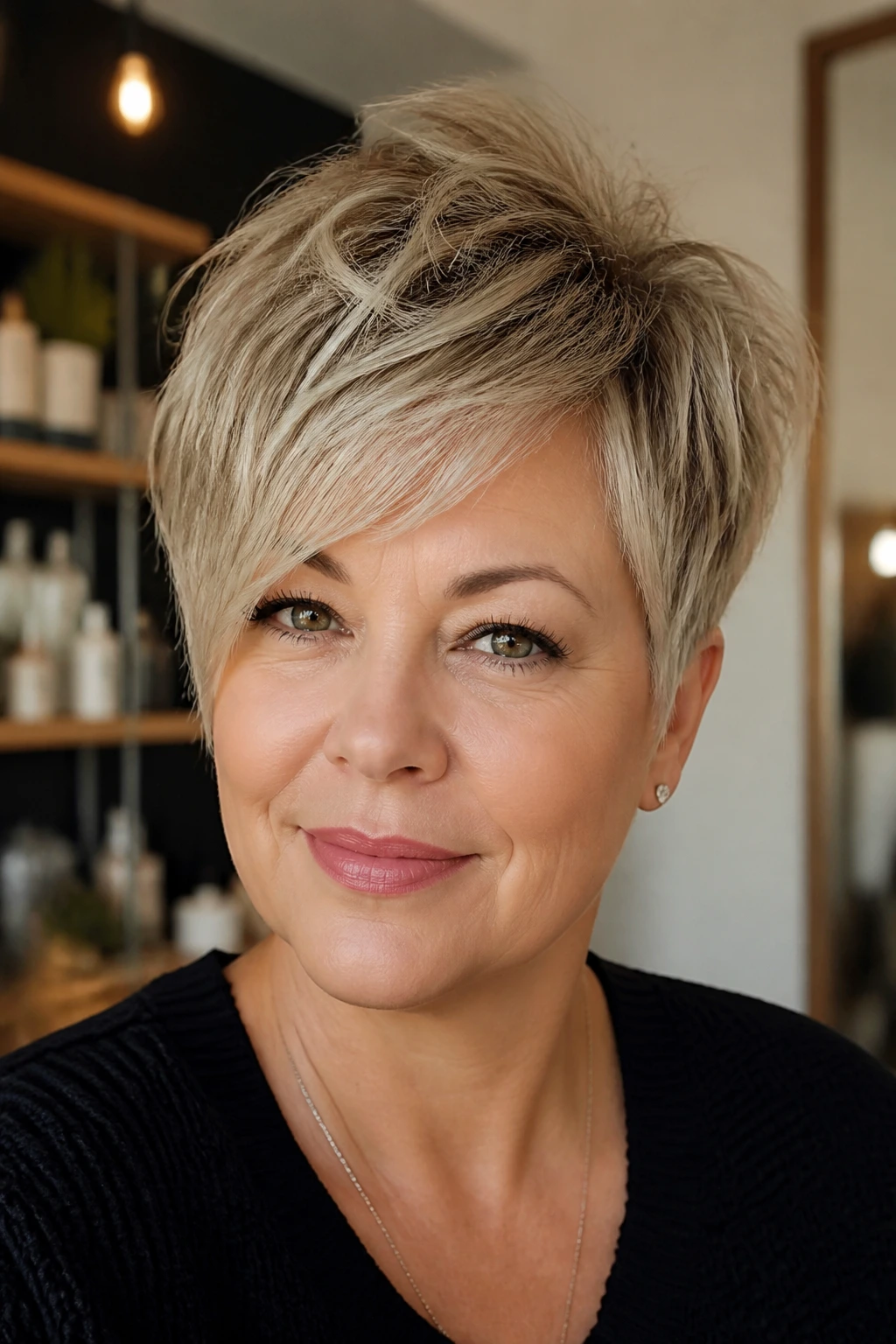 Portrait of a real woman with a fluffy pixie and side-swept fringe