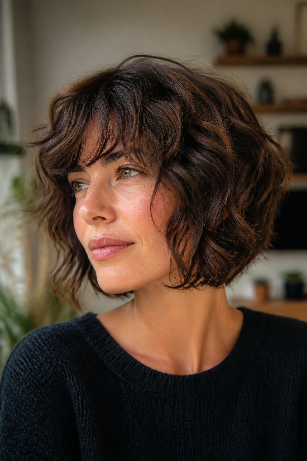 Real woman with fluffy shaggy bob and chestnut-black lowlights in soft daylight
