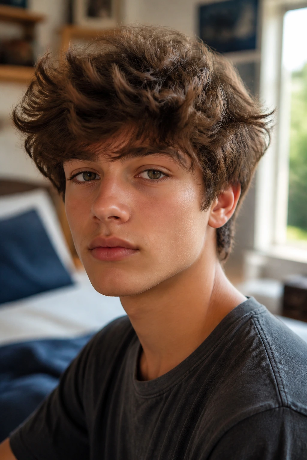Close-up portrait of a real boy with fluffy wavy hair showing soft movement in natural light.