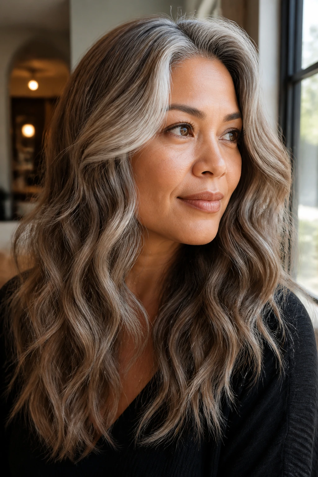 Real woman with foggy beige gray waves in warm natural light