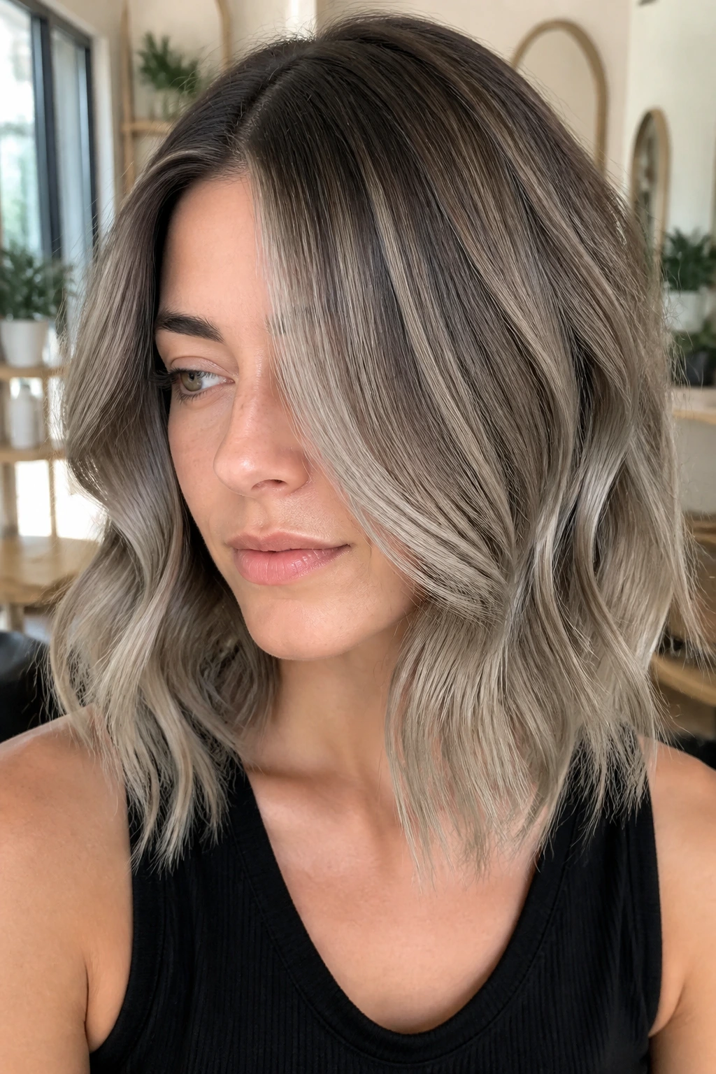 Close-up of a soft lob with foggy beige highlights on a real person