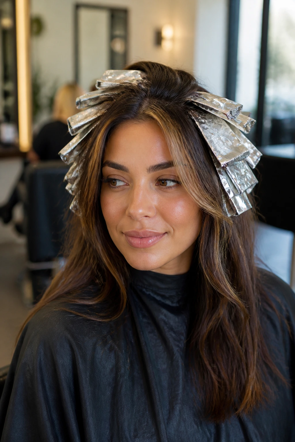 Real woman in salon chair before foil highlights, ready for color discussion