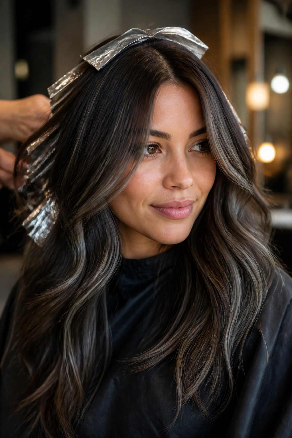 Real person in a salon chair with dark brown hair and smoky grey lowlights