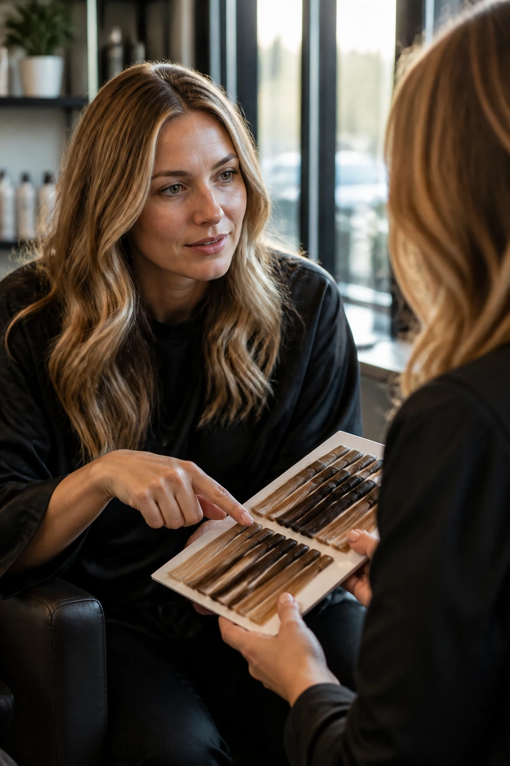 Portrait of a client in a salon discussing foil highlights with a colorist