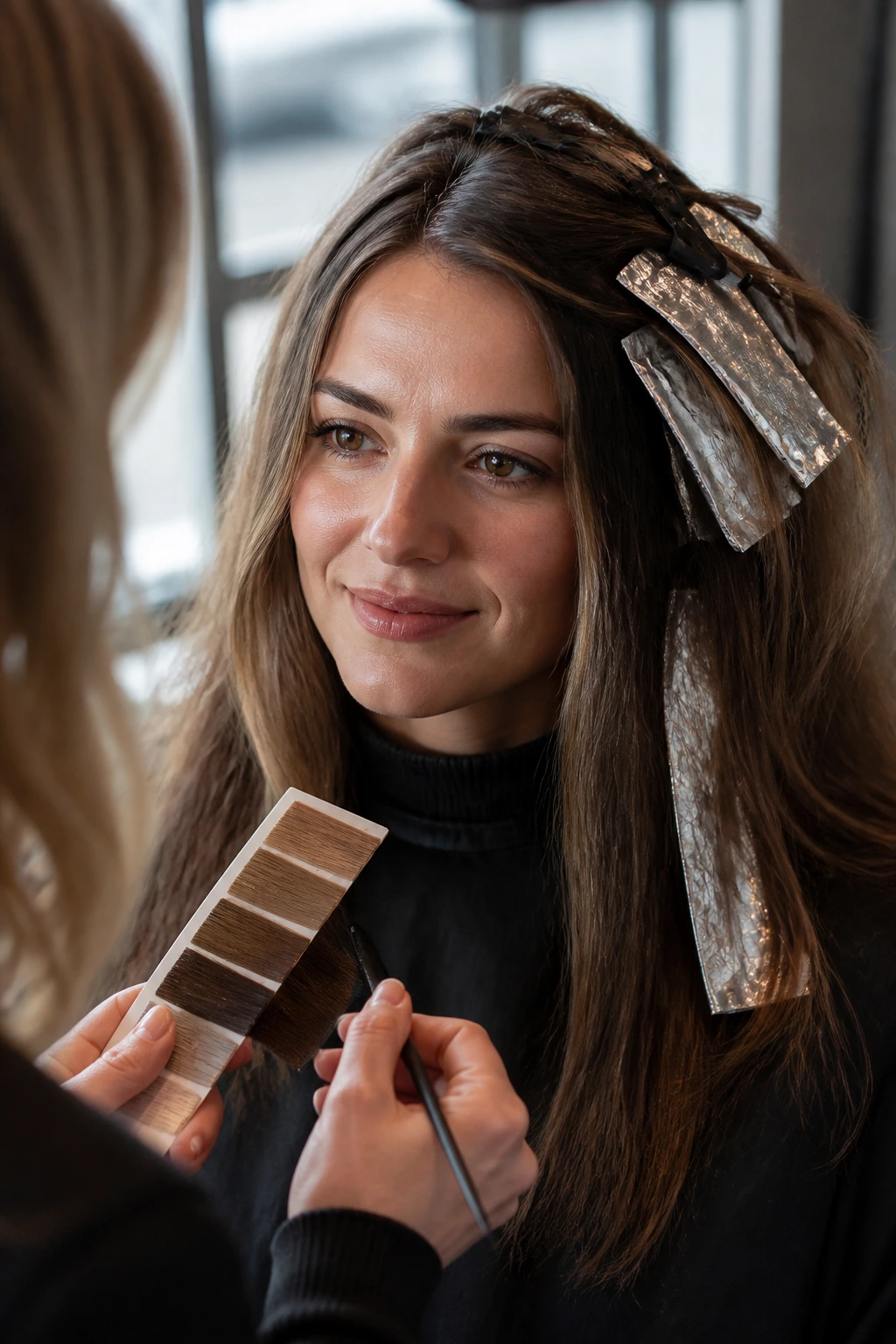 Close-up client in salon chair during color consultation with foils in hair
