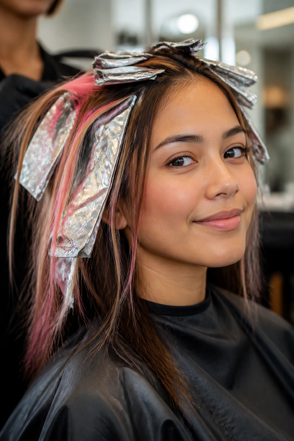 Portrait of a client in a salon chair with foiled hair