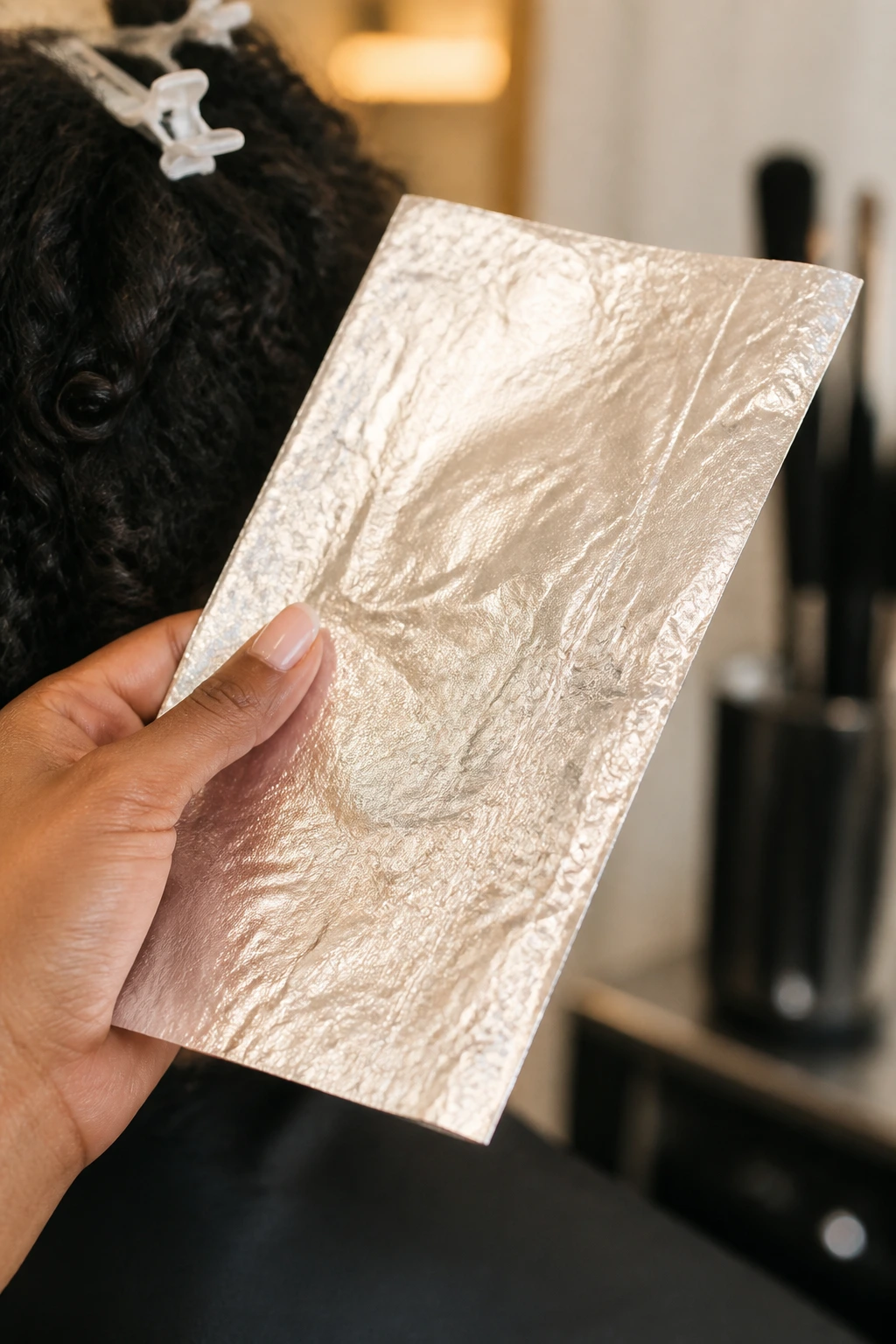 Close-up of a foil sheet used for hair highlights in a salon context.