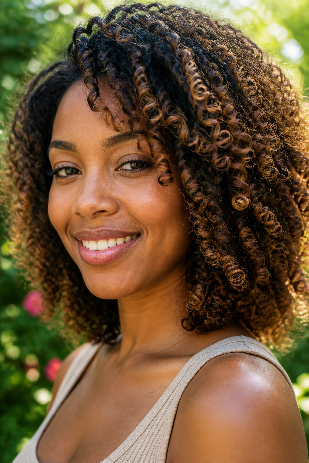 Close-up of 3C ringlets with warm foilayage on select strands