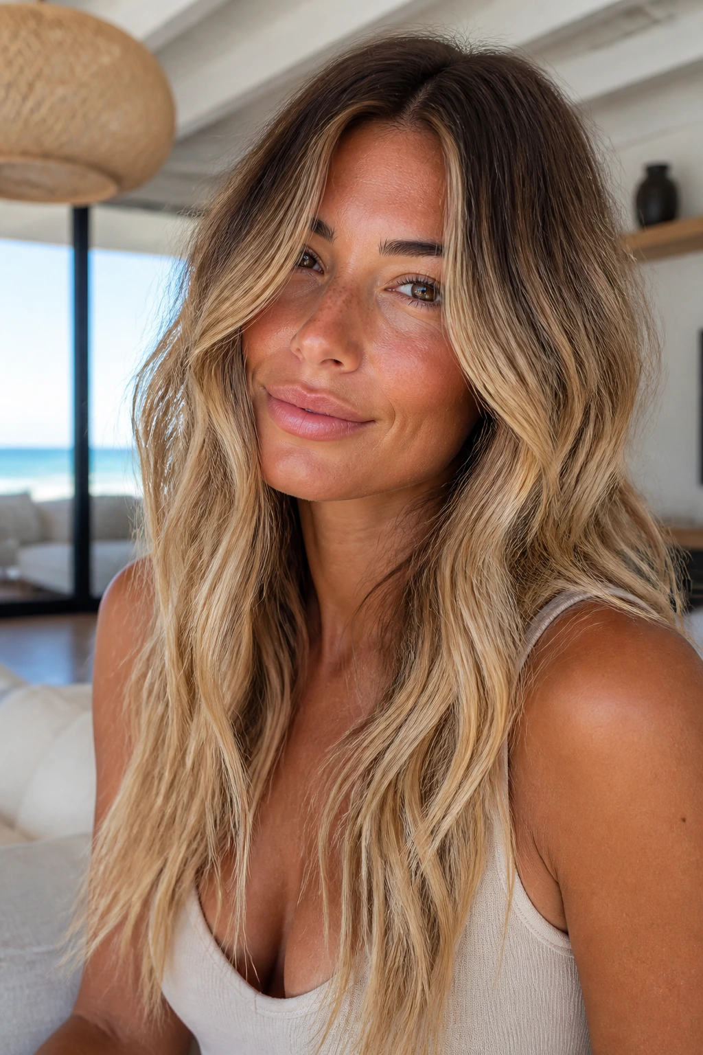 Close-up portrait of a real person with sun-kissed foilayage