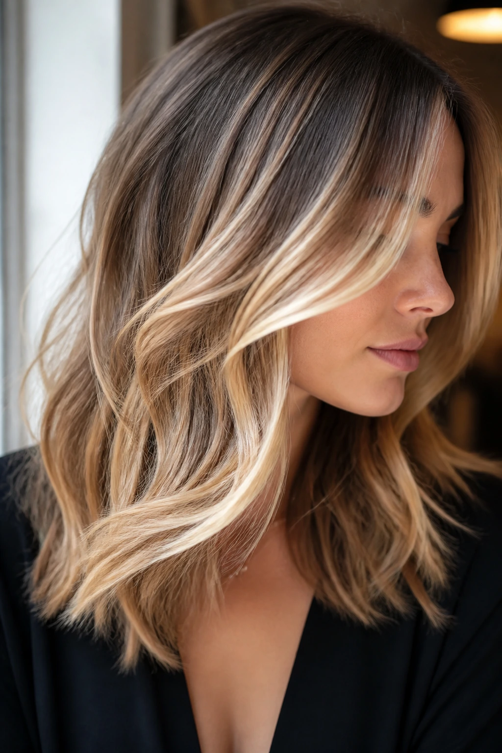 Real woman with layered hair showing beige-gold foilayage ribbons in cool skin tone