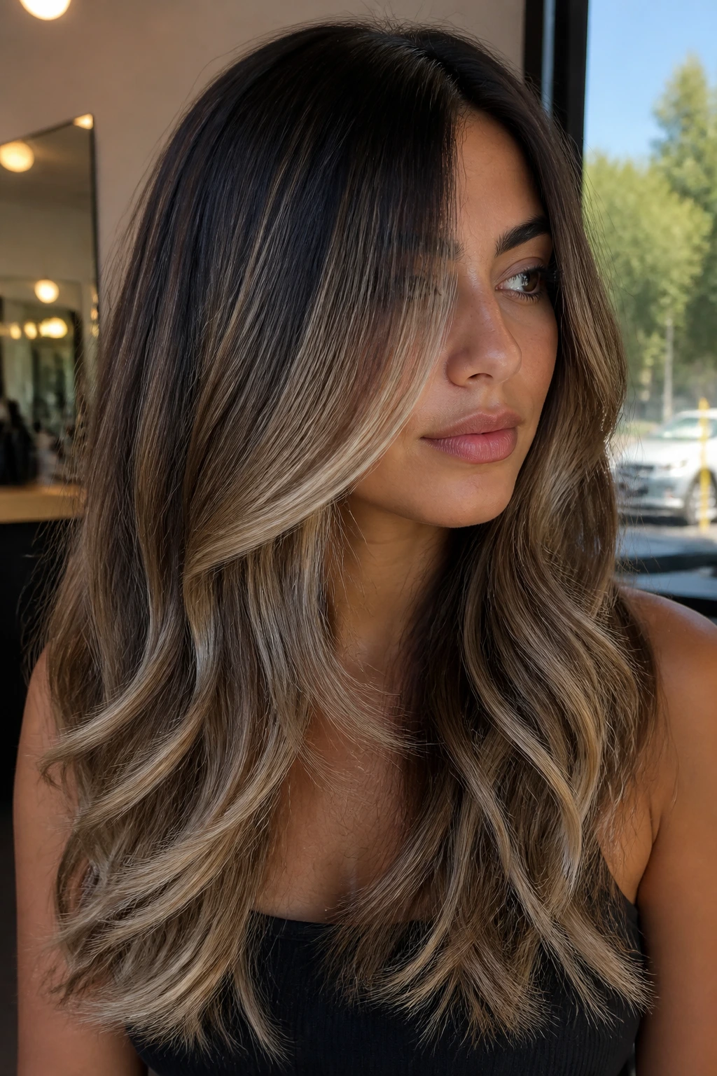 Portrait of olive-skinned person with bright foilayage ends on thick hair.