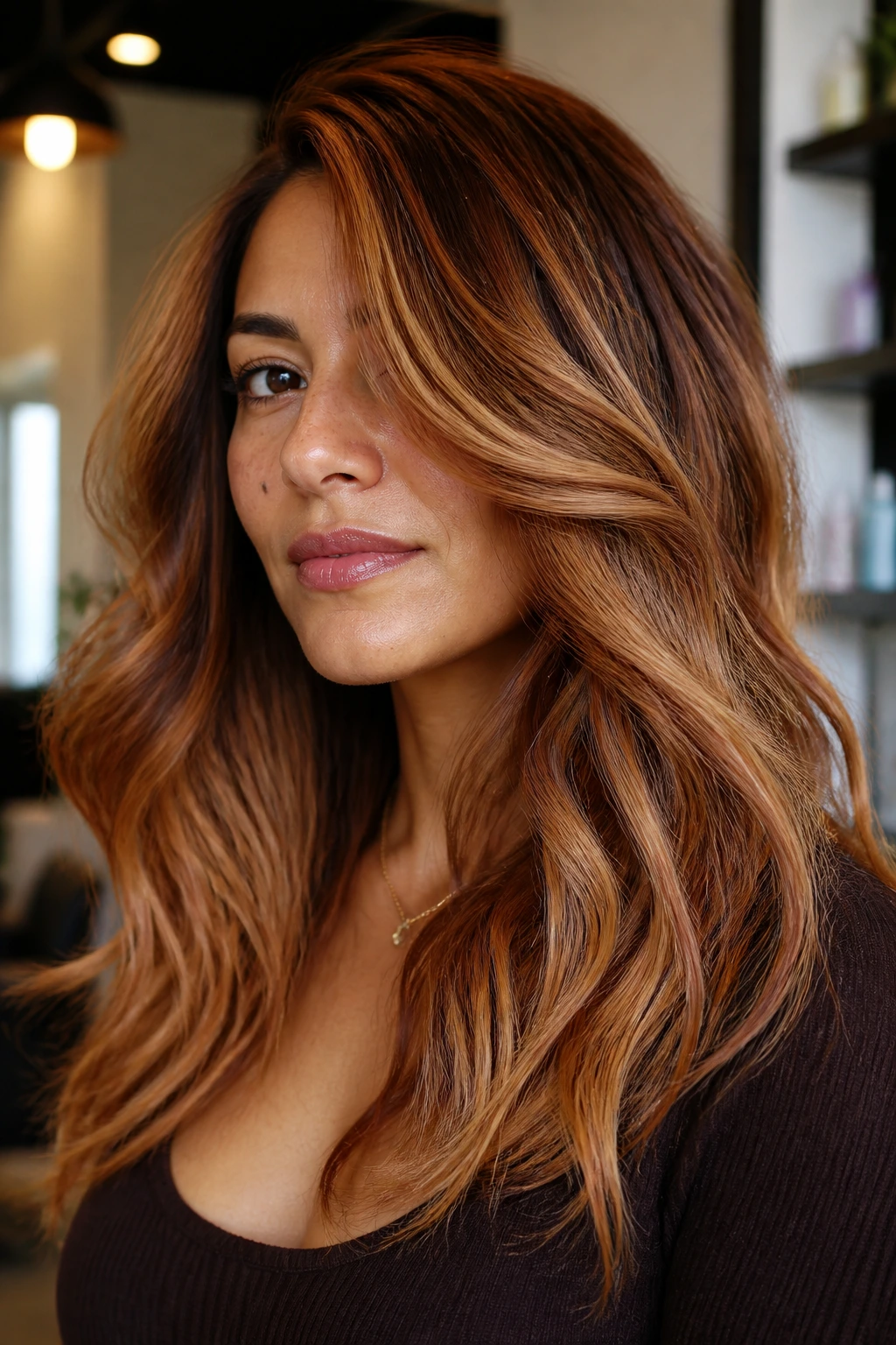 Real woman with bronzed copper foilayage hair in warm light.