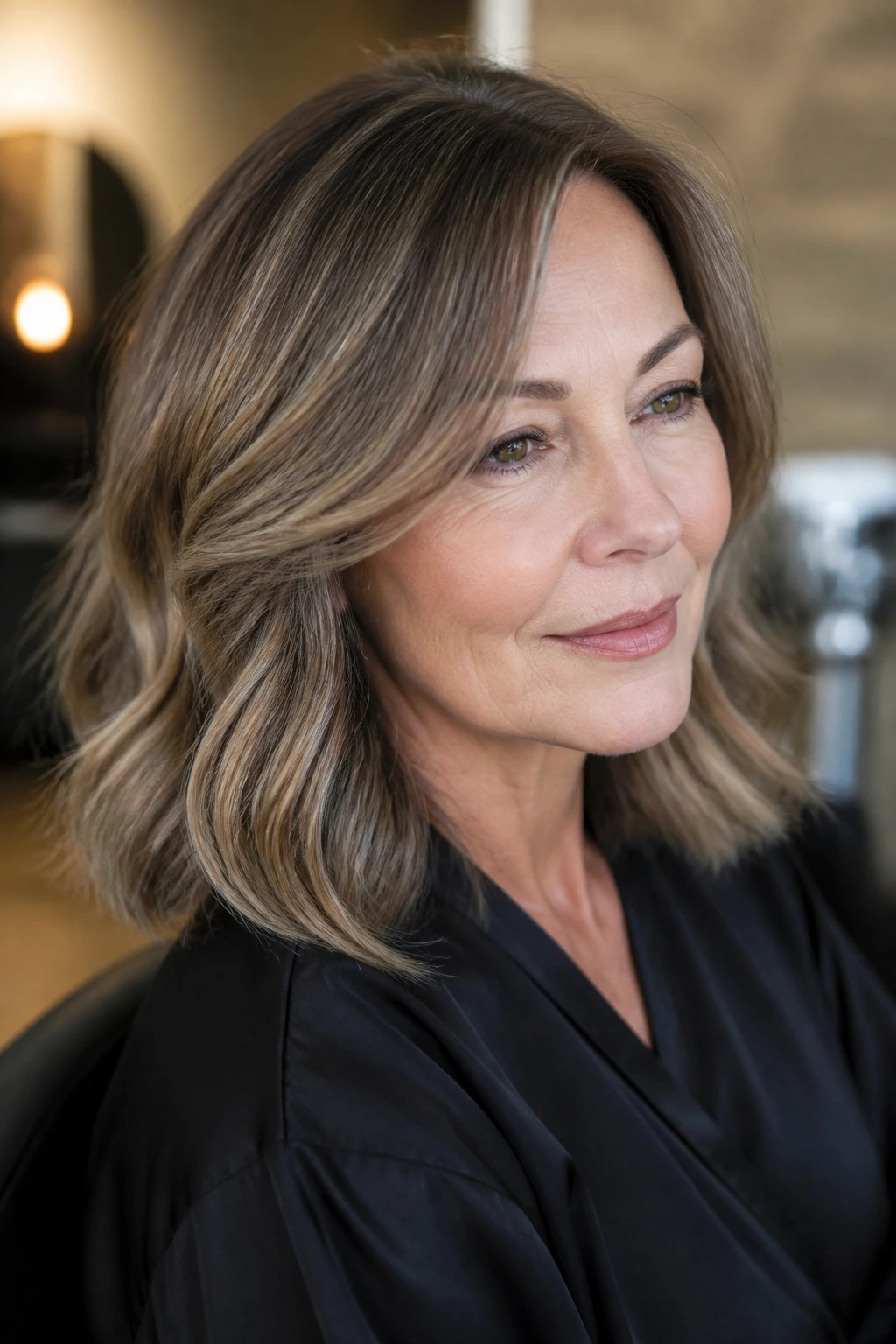 Close-up of a real woman's hair with smoky brown foilayage on fine hair