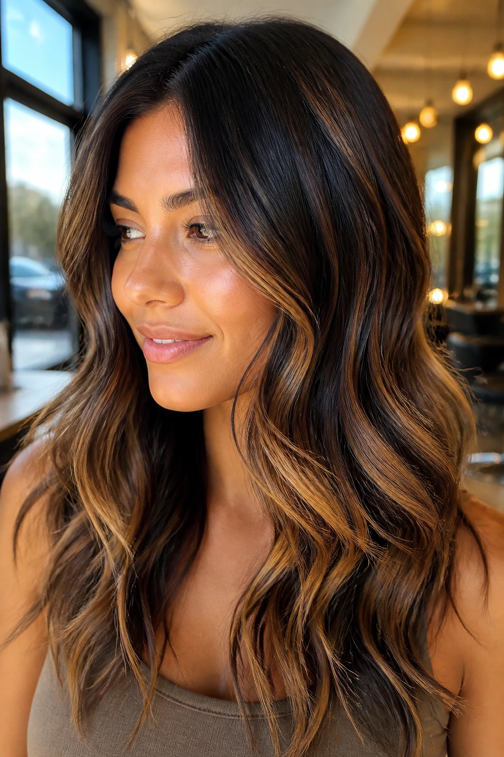 Close-up of a real woman with deep brunette hair featuring caramel foilayage ribbons and warm skin under natural light