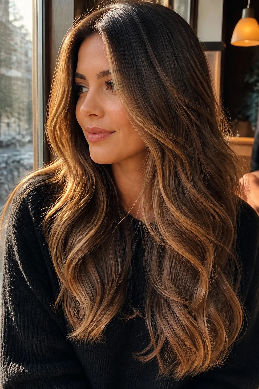 Portrait of a woman with sunlit caramel foilayage on long layered hair