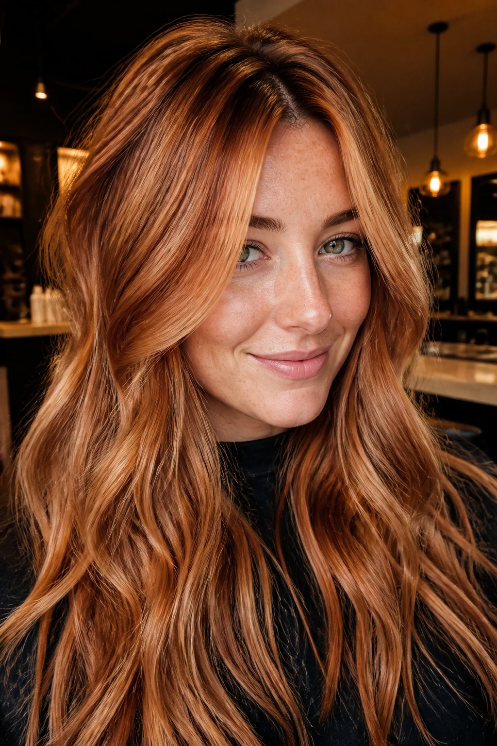 Close-up of a real woman with Rustic Copper Foilayage and dimensional copper tones.