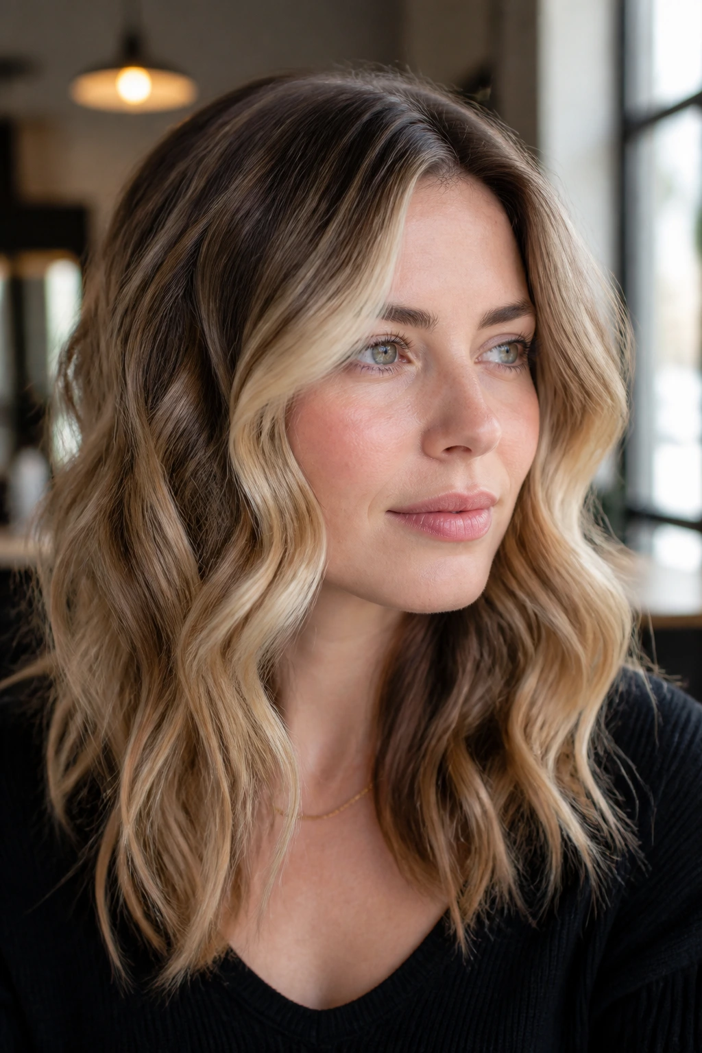 Close-up of foilayage around the face on a real person with wavy hair