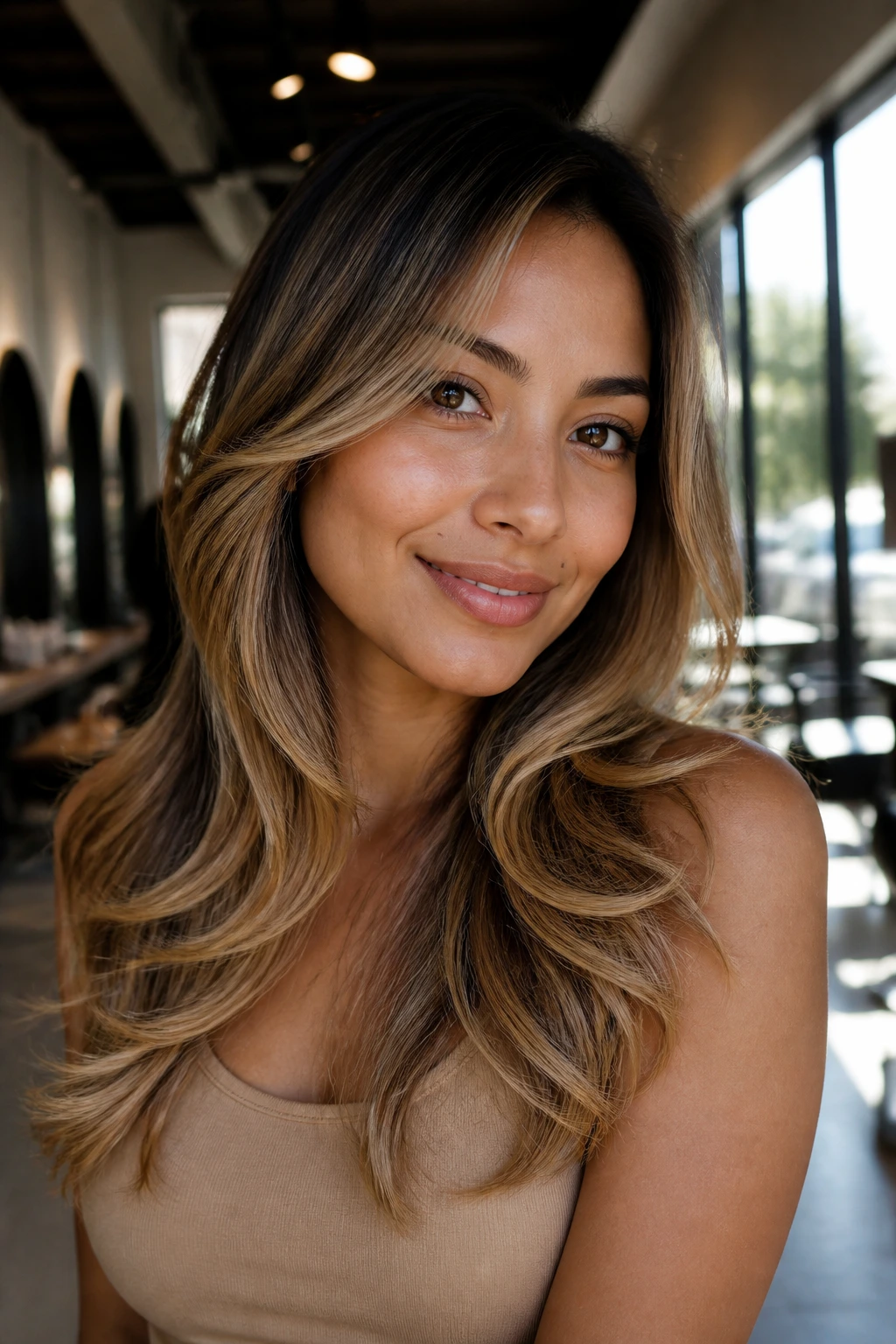 Portrait of a woman with layered hair featuring sun-kissed foilayage in a salon setting