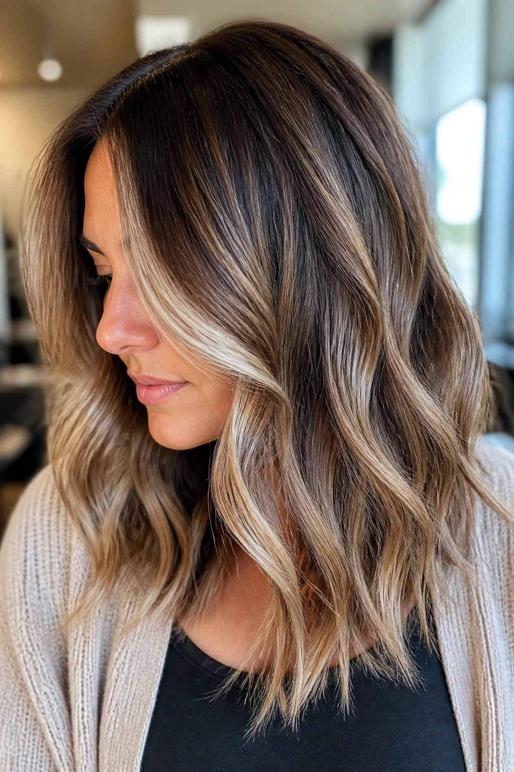 Close-up of a real person with soft foilayage on midlength waves