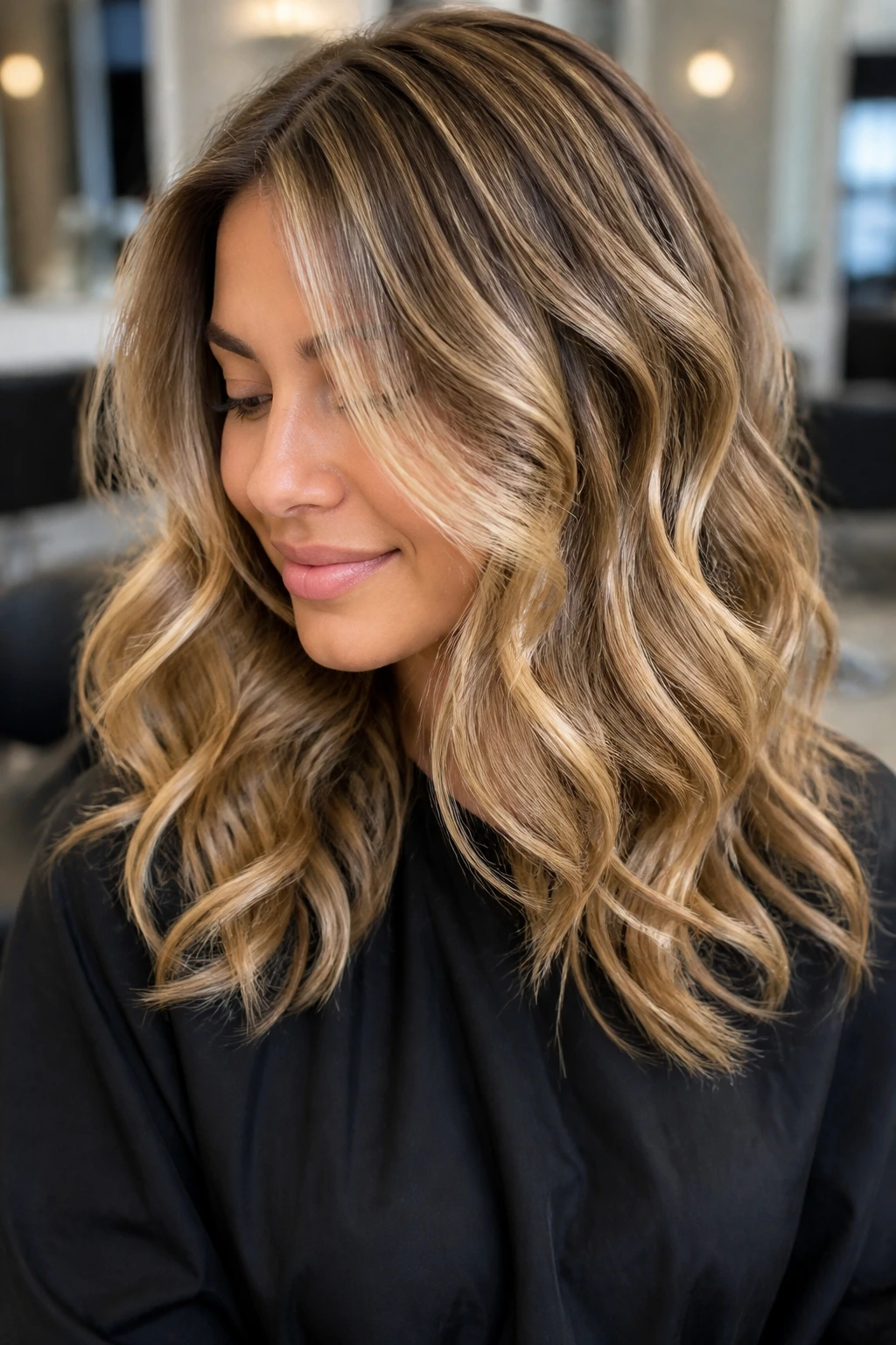 Real woman with foilayage ribbon curls under salon lighting