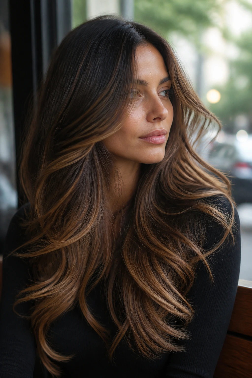 Medium close-up of long-layered hair with ribboned caramel ends