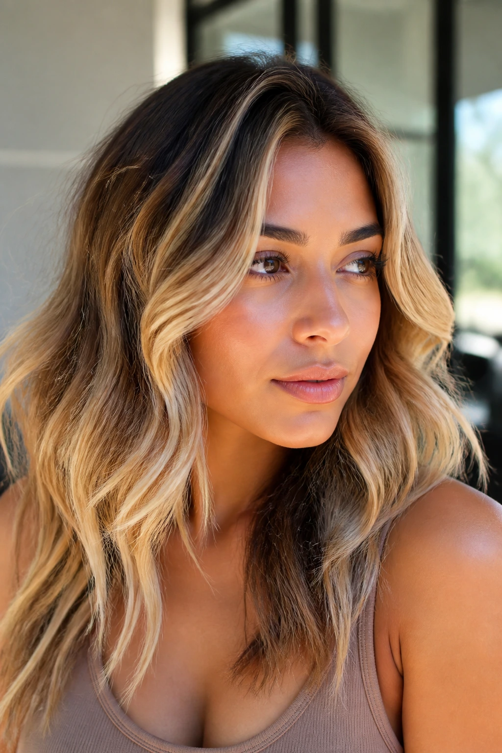 Close-up portrait of a person with sun-kissed foilayage hair in natural light