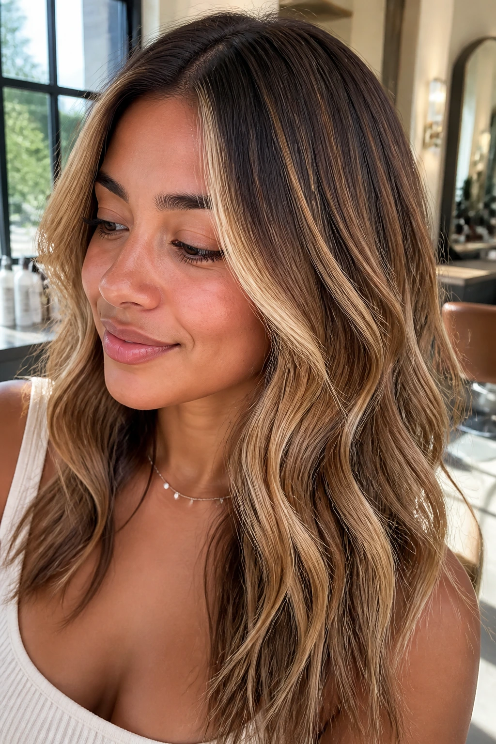 Close-up of a real woman with sunlit foilayage hair in a bright salon