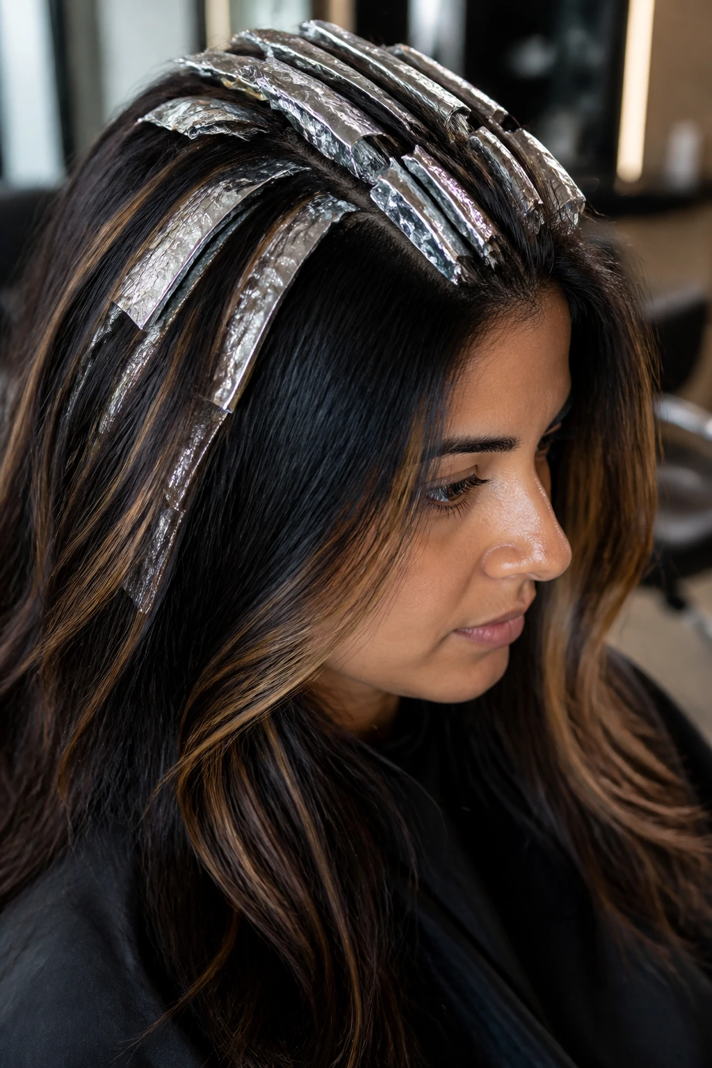 Close-up of thick dark hair with caramel foil highlights under soft salon lighting