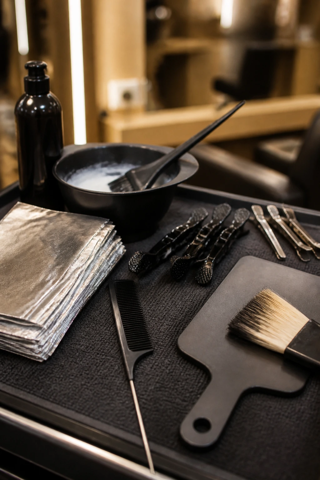 Close-up of colorist tools on a salon station