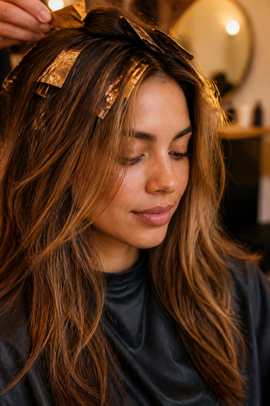 Close-up of a real person with teddy-brown foils for a natural look in warm light