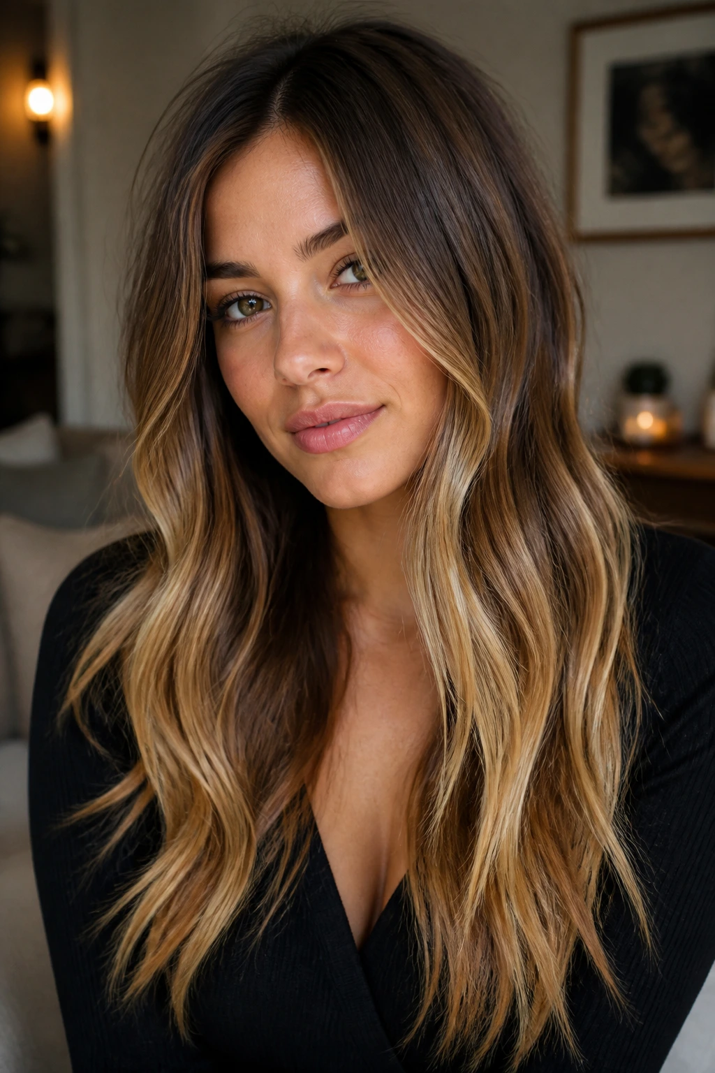 Brunette with bright golden foilyage ends in a head-and-shoulders portrait
