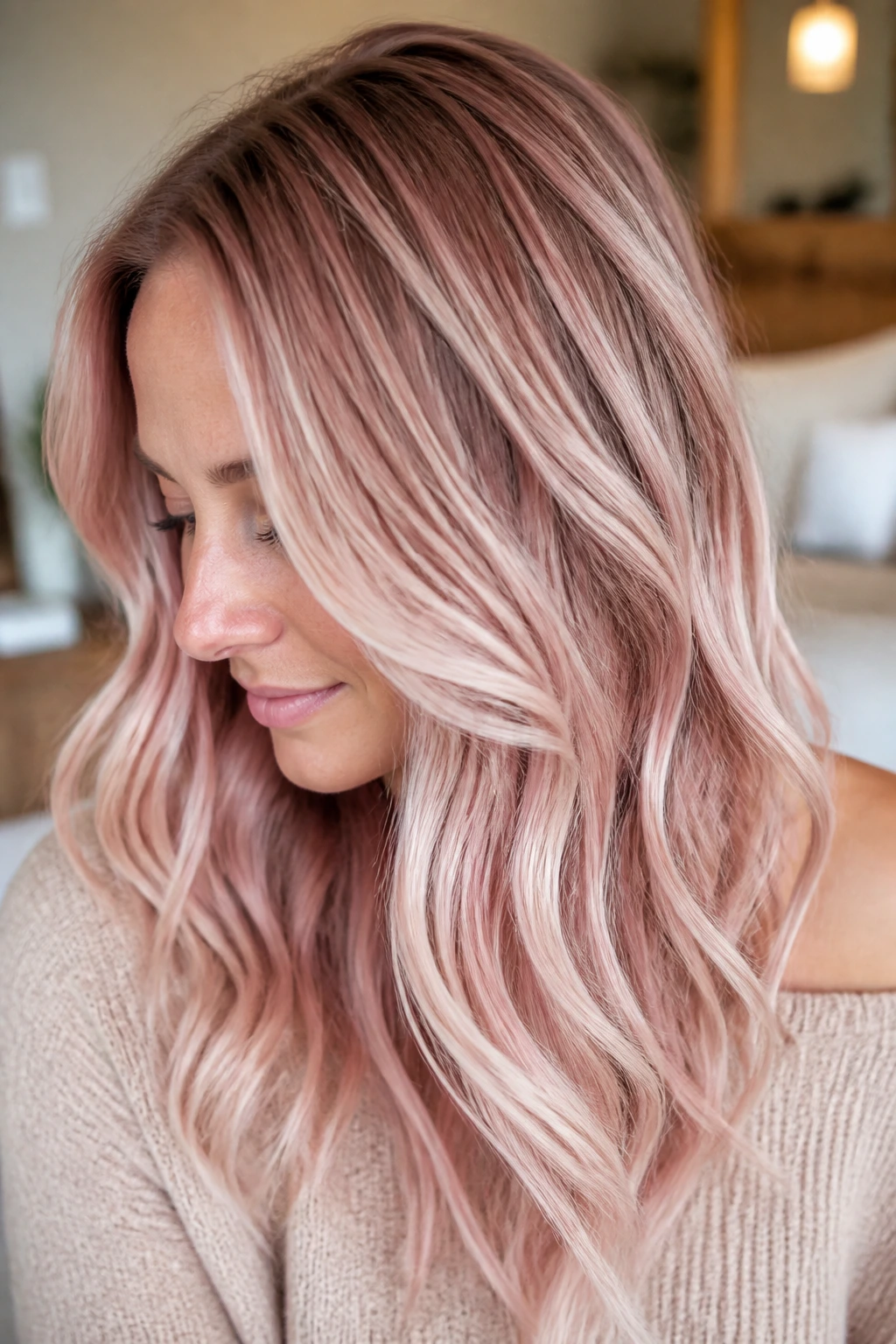 Portrait of a person with dusty rose foilyage on light brown hair