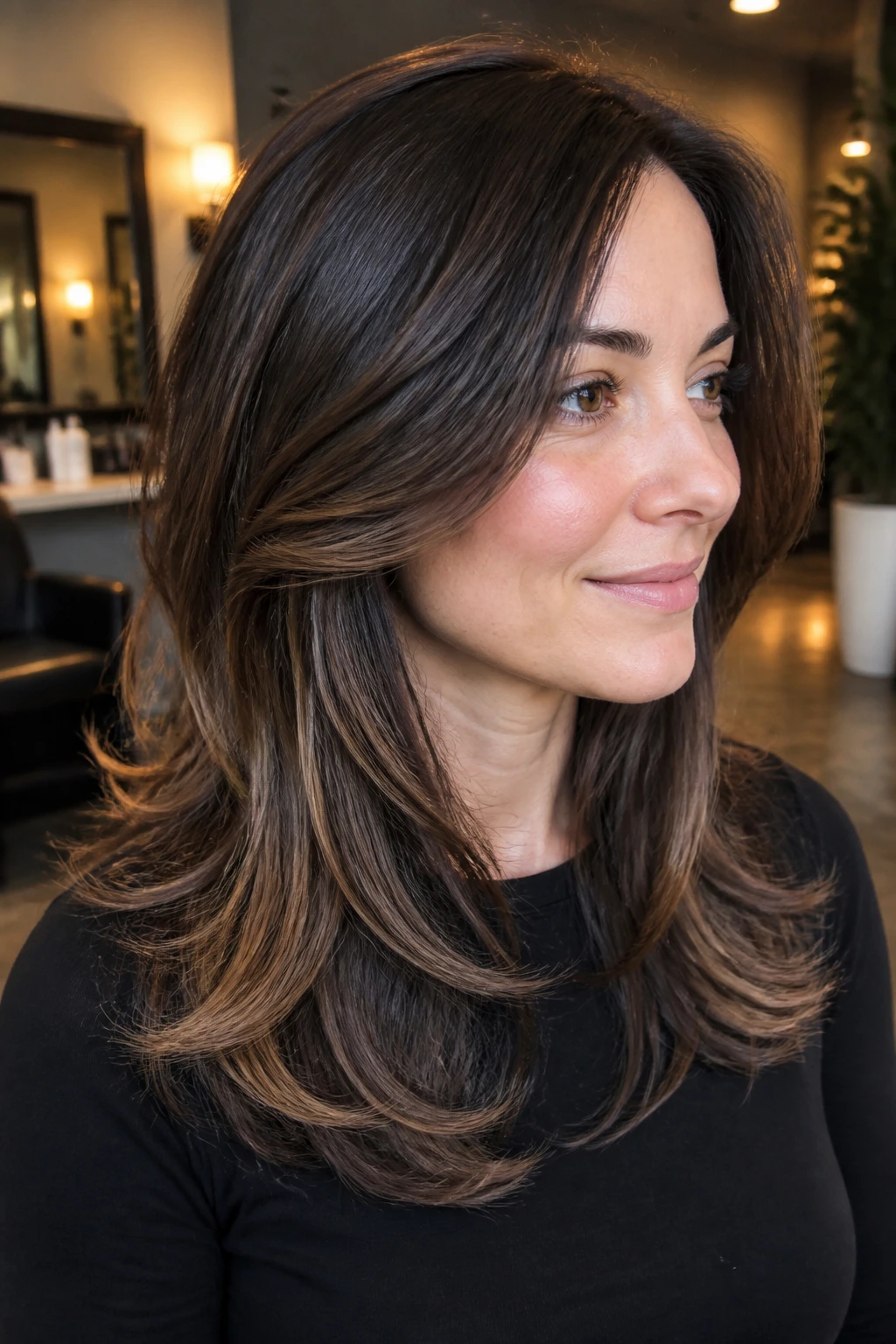 Portrait of a real person with foilyage ends on layered brunette hair.