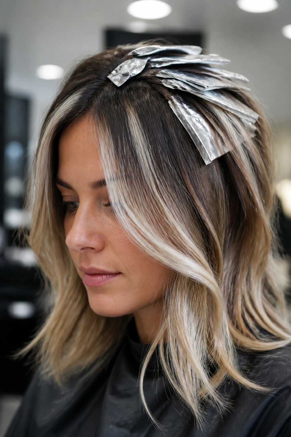Close-up of foilyage highlights on dark hair in salon lighting