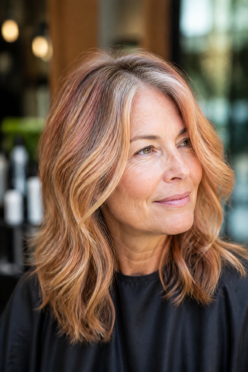 Close-up of a real woman with gray roots and strawberry foilyage highlights around the crown.